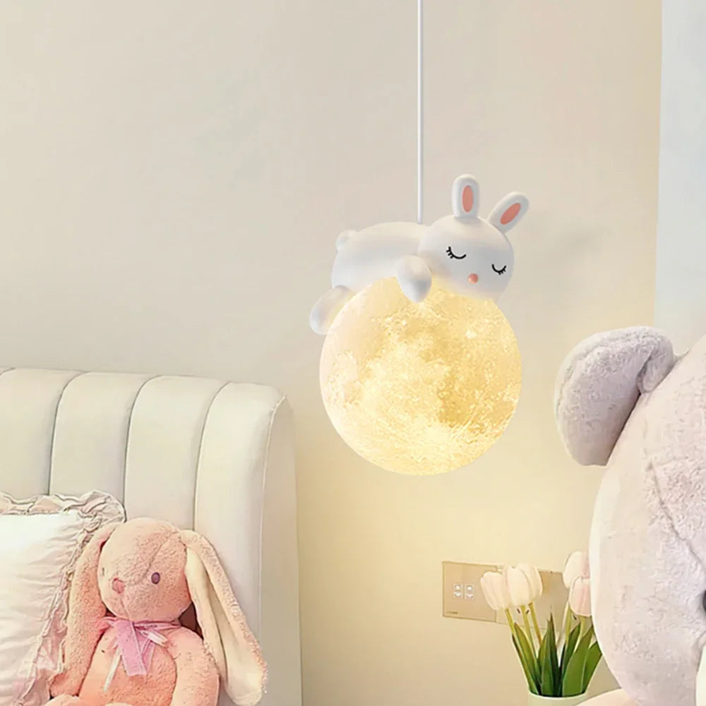 Cute Animal Pendant Lamp for Children's Room – Creative Moon Lamp with Bear Design