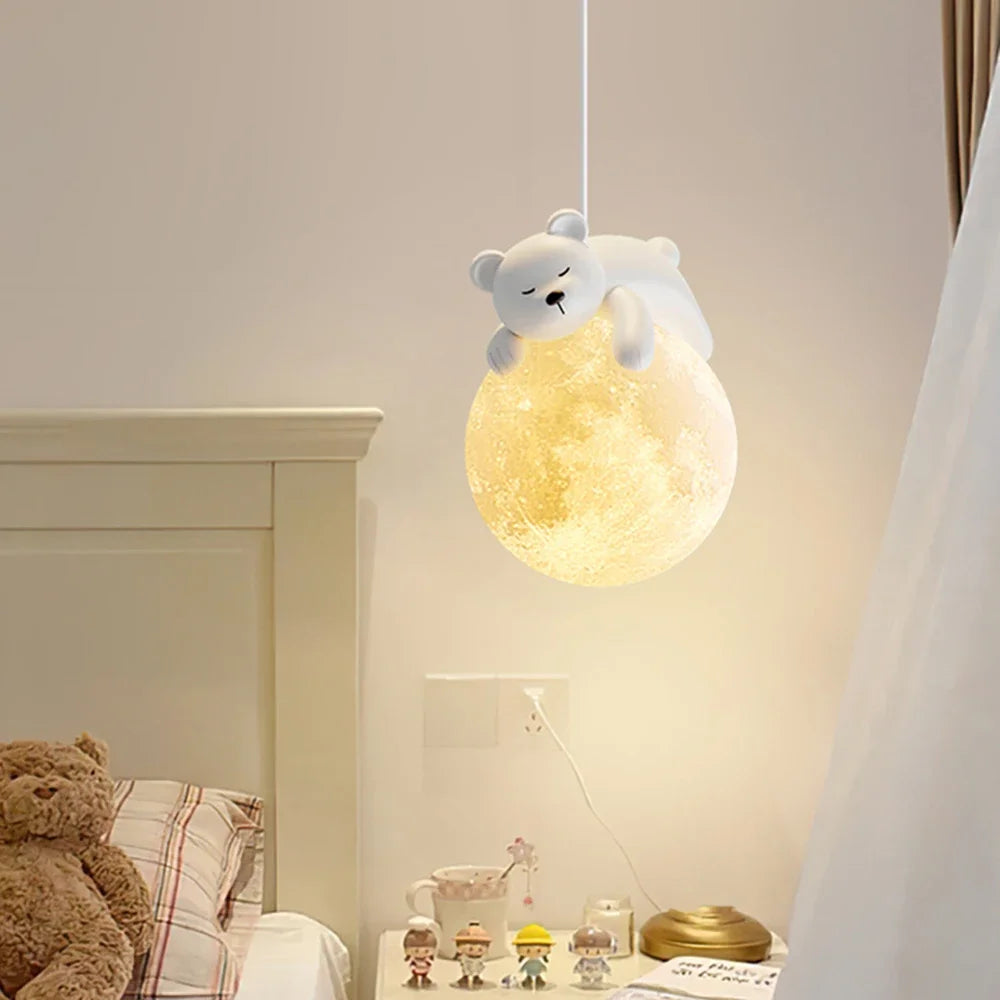 Cute Animal Pendant Lamp for Children's Room – Creative Moon Lamp with Bear Design