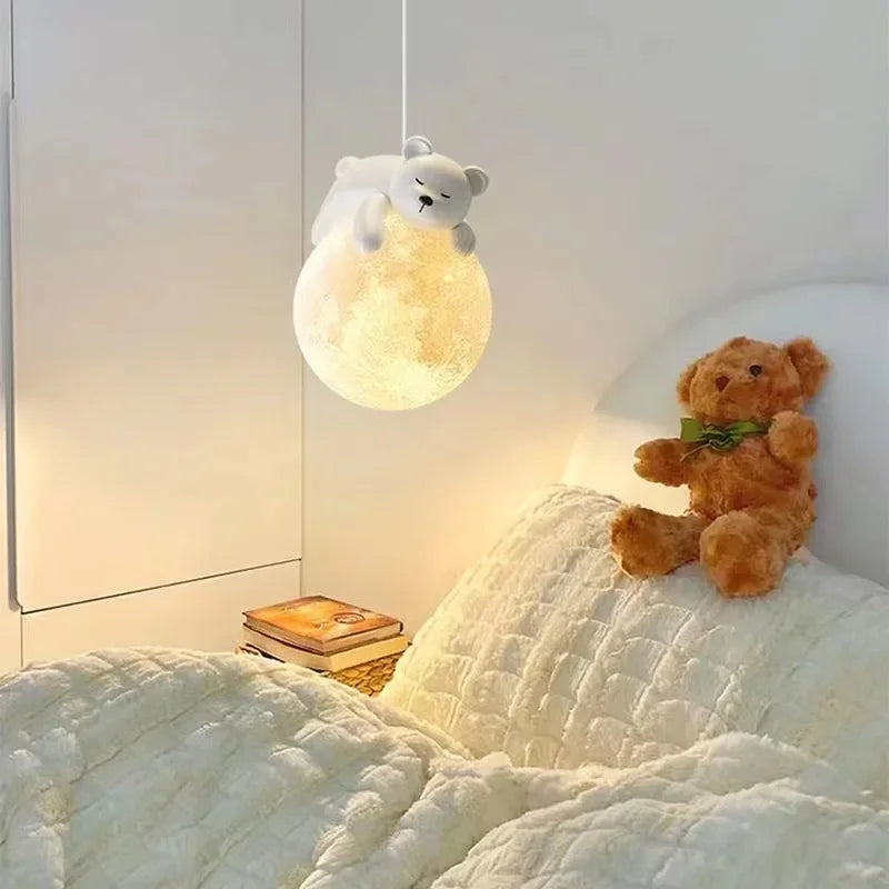 Cute Animal Pendant Lamp for Children's Room – Creative Moon Lamp with Bear Design