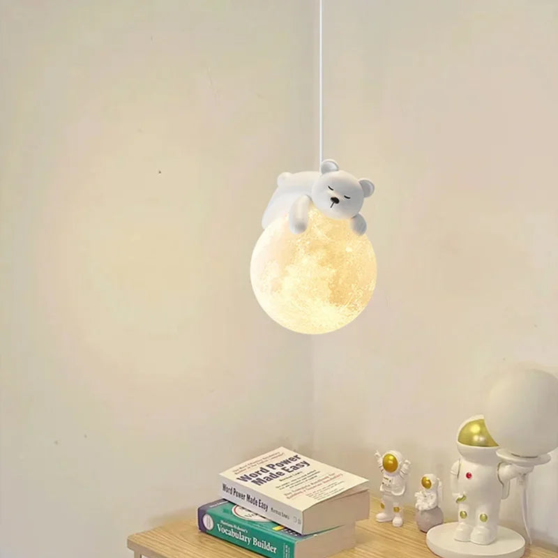 Cute Animal Pendant Lamp for Children's Room – Creative Moon Lamp with Bear Design