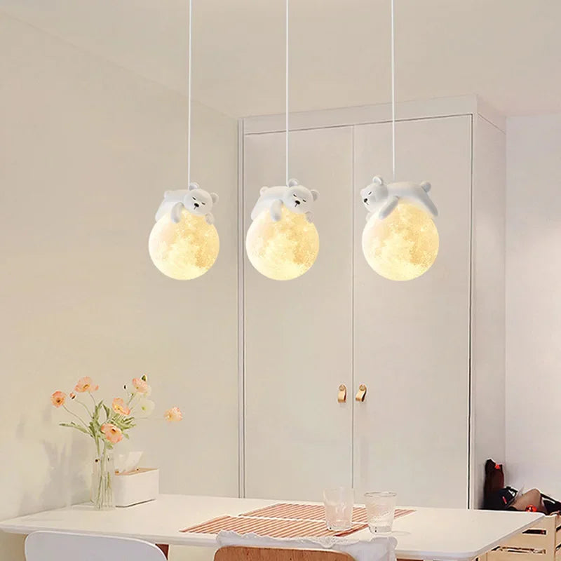 Cute Animal Pendant Lamp for Children's Room – Creative Moon Lamp with Bear Design