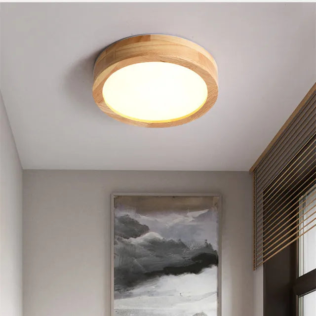 Round Solid Wood Ceiling Light – Scandinavian Lamp for Living Room and Hallway