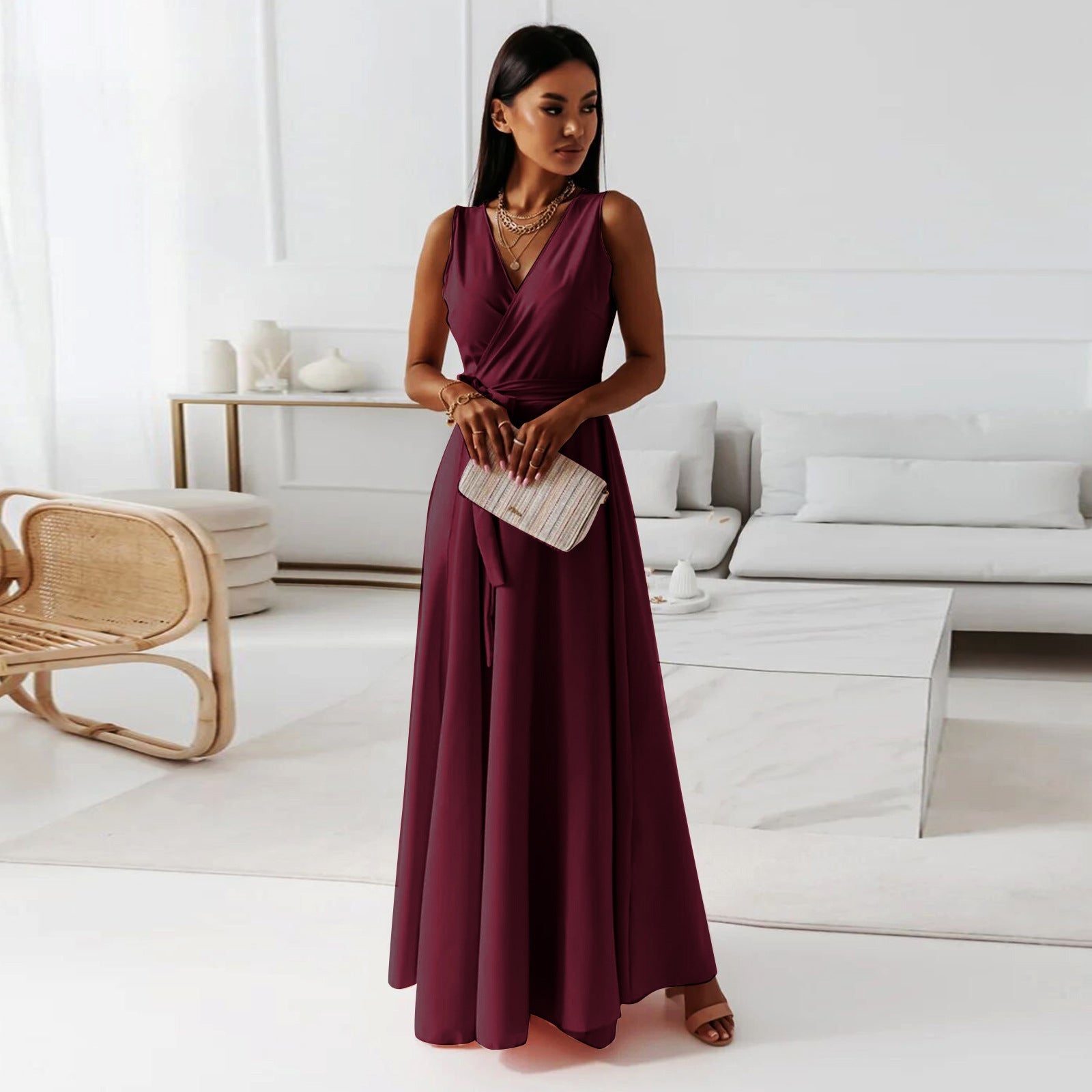 Women's Wrap V Neck Wedding Guest Dress | Maxi