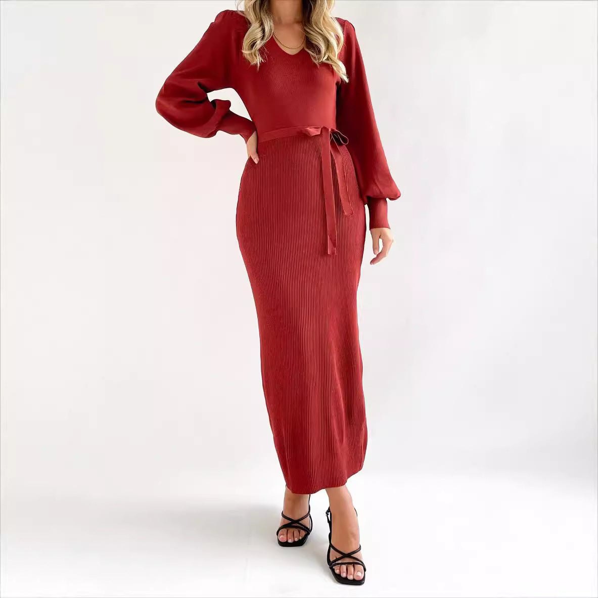 Women's V Neck Long Sleeve Knitted Dress | Midi