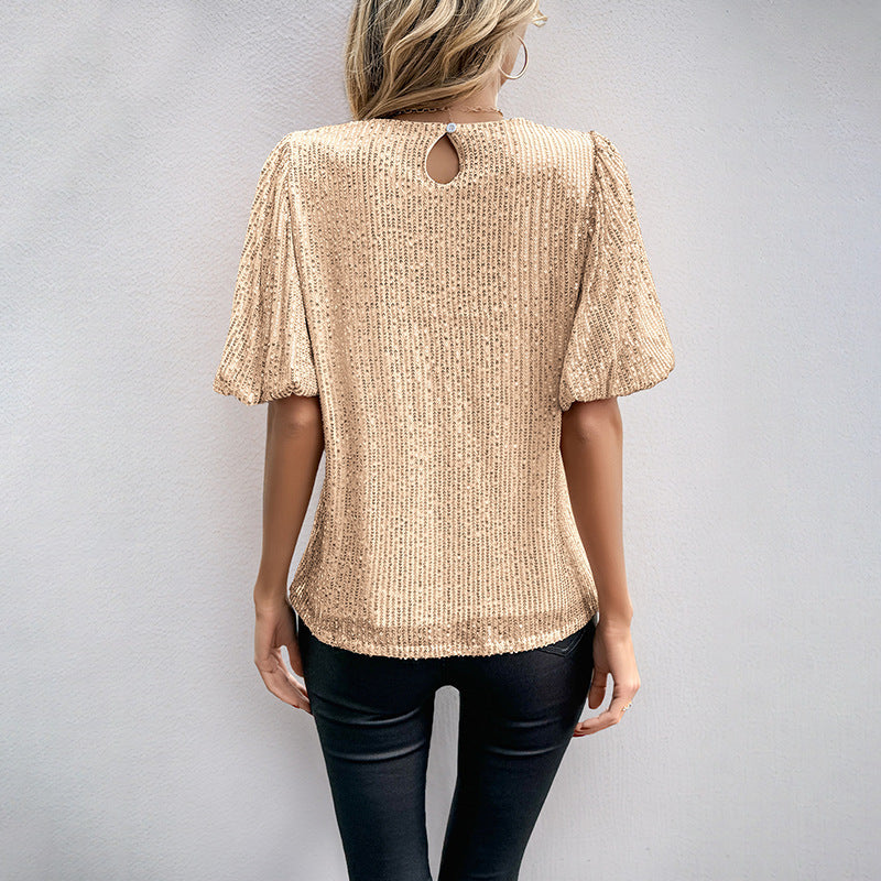 Women's Sequin Puff Sleeves Blouse | New Year