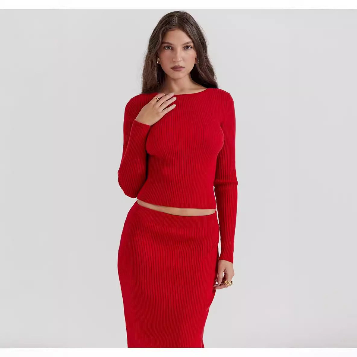 Women's Red Two Piece Knitted Dress | Midi