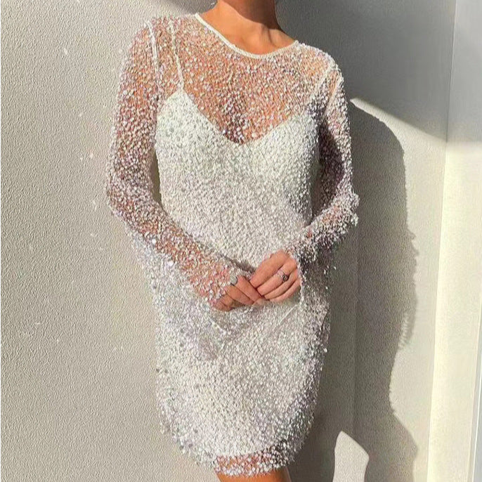 Women's Sequin A Line Long Sleeve Sequin Dress | Mini