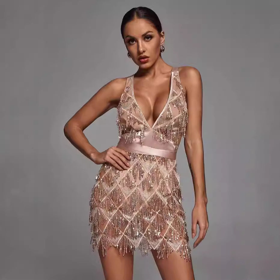 Women's V Neck Sequin New Year's Dress | Mini