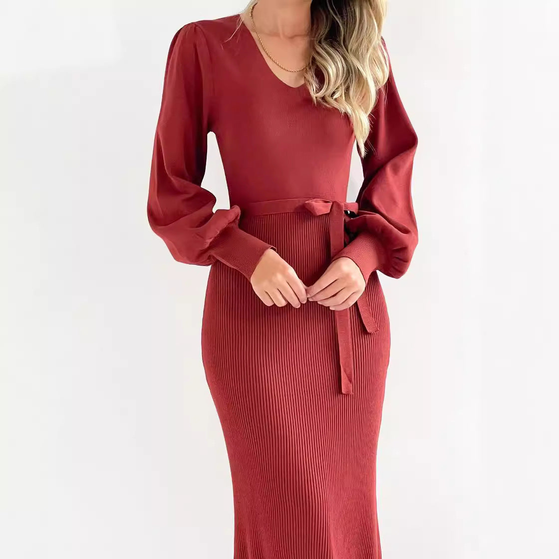 Women's V Neck Long Sleeve Knitted Dress | Midi