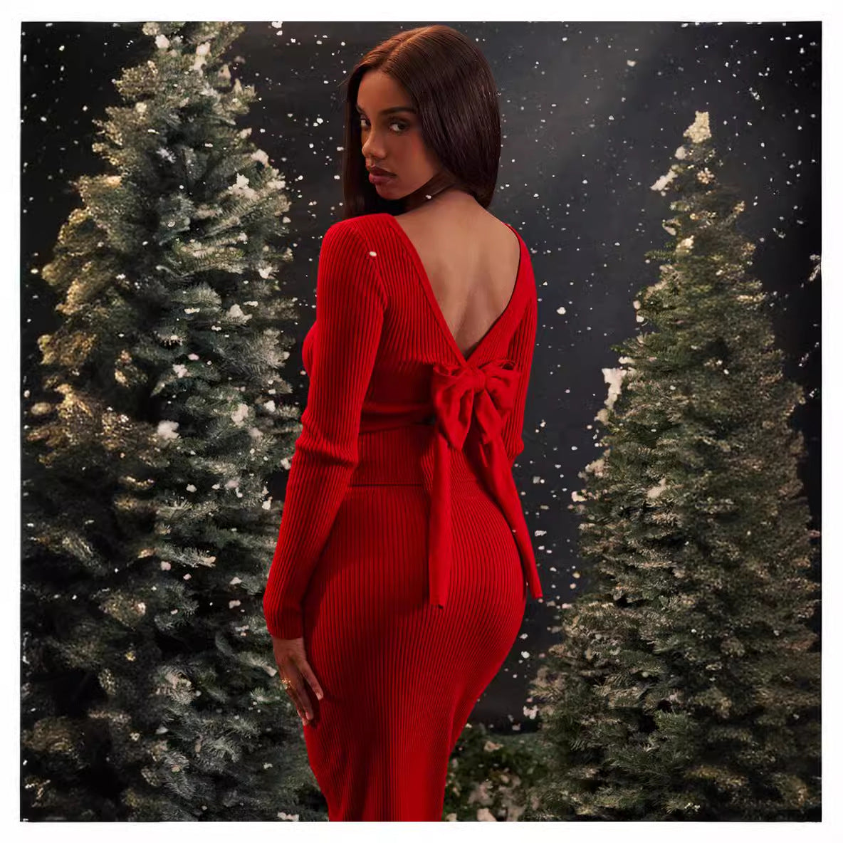 Women's Red Two Piece Knitted Dress | Midi