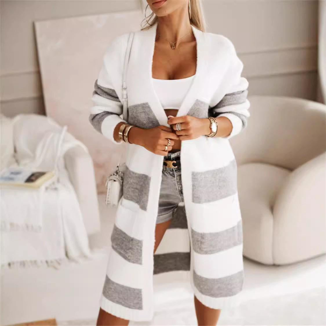 Women's Stripe Knitted Cardigan | Long Sleeve