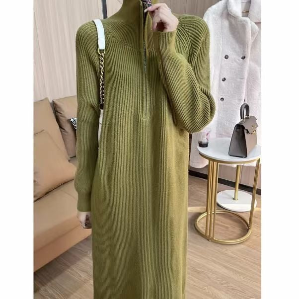 Women's Warm Knitted Dress with Zipper | Maxi