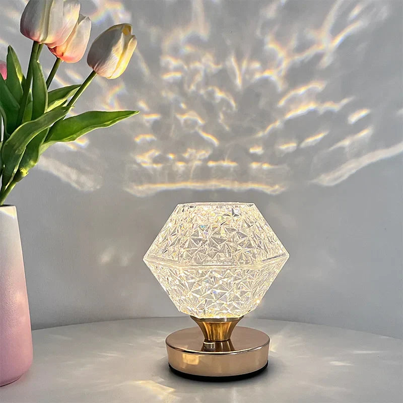 Crystal Table Lamp with Star Projection – Modern LED Decorative Lamp for Bedroom & Living Room, Romantic Star Light Illumination