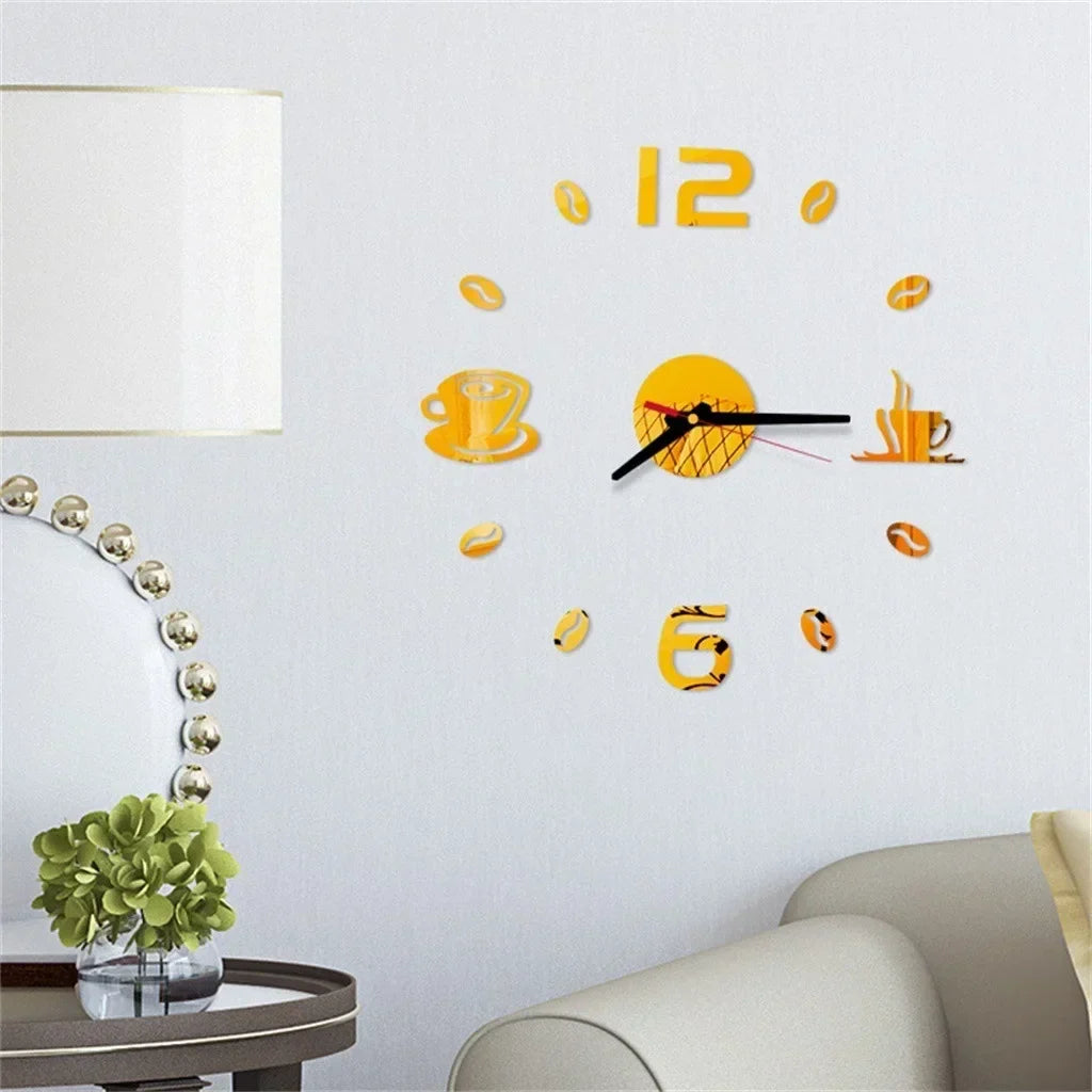 Modern Wall Sticker Clock with Coffee Cup Design – Stylish DIY Wall Clock for Kitchen and Living Room