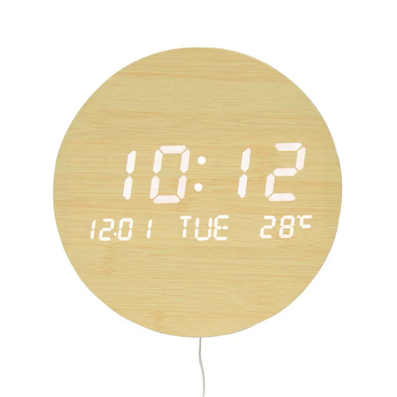 Modern Wooden Desk Clock with LED Display, Alarm, and Temperature Display – Stylish Digital Clock for Desk and Bedroom