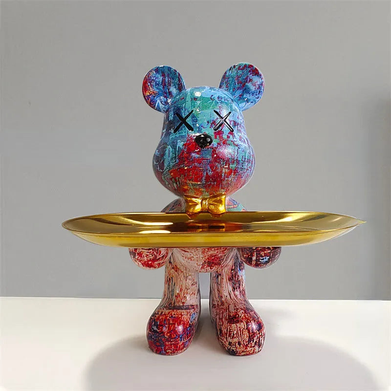 Bear Figurine with Tray, Modern Decorative Figure for Living Room and Hallway