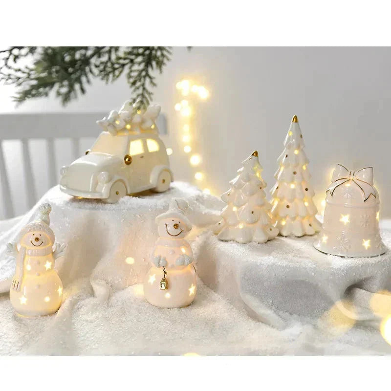 Ceramic Snowman Figurine with LED Lighting – Elegant Christmas Decoration for Windowsill, Living Room, and Festive Decor