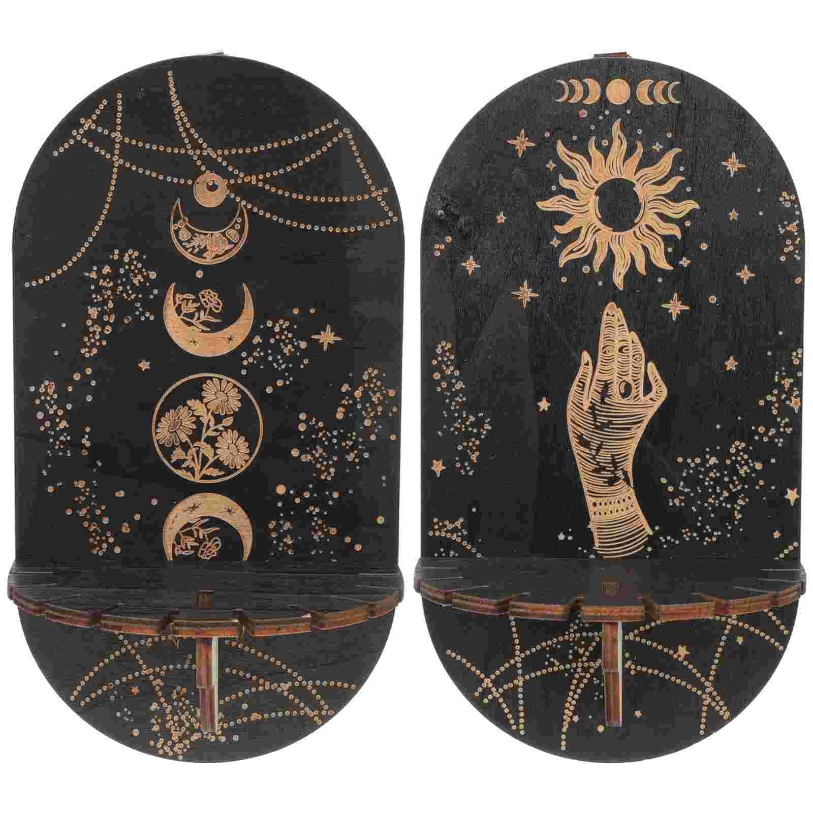 Mystical Wall Shelf Duo with Sun Symbols and Moon Phases for Crystals and Decor