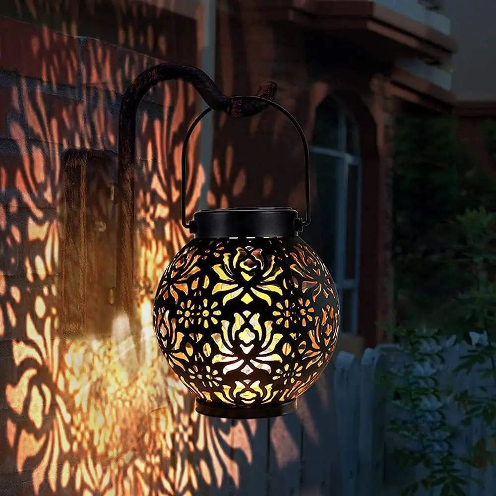 Solar-Powered LED Garden Lantern with Decorative Hollow Pattern – Outdoor Lighting for Patio and Garden