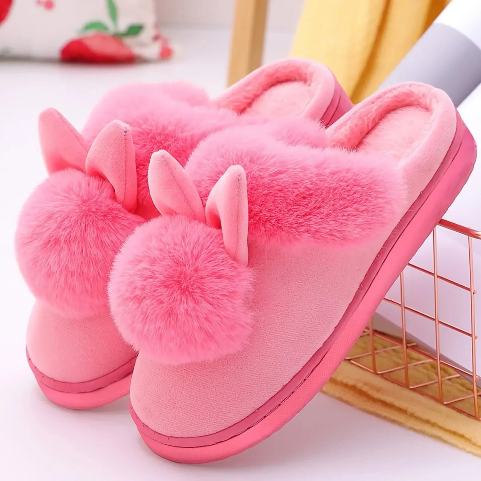 Fluffy Slippers with Bunny Ears – Warm Women's House Shoes for Home, Non-Slip Sole, Cozy Comfort for Winter Days