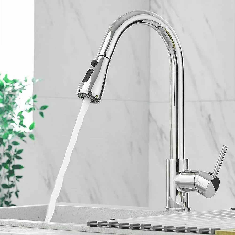 Pull-Out Faucet with Single Lever Mixer – Flexible Faucet with Spray Function, High-Quality Stainless Steel, Ideal for Modern Kitchens, Easy Installation