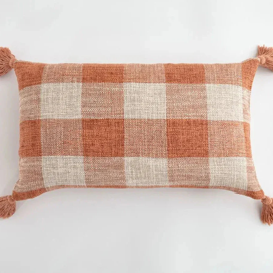 Cushion Cover with Check Pattern and Fringes – Decorative Linen Pillowcase for Living Room