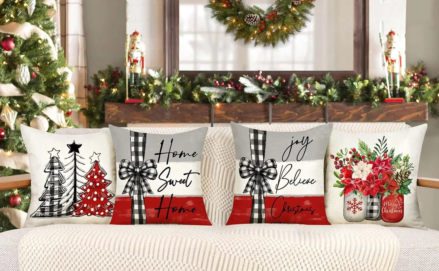 Christmas Design Cushion Covers 4-Piece Set – Festive Cushion Cases for Christmas, Decoration for Sofa, Living Room, and Bedroom, 45x45 cm