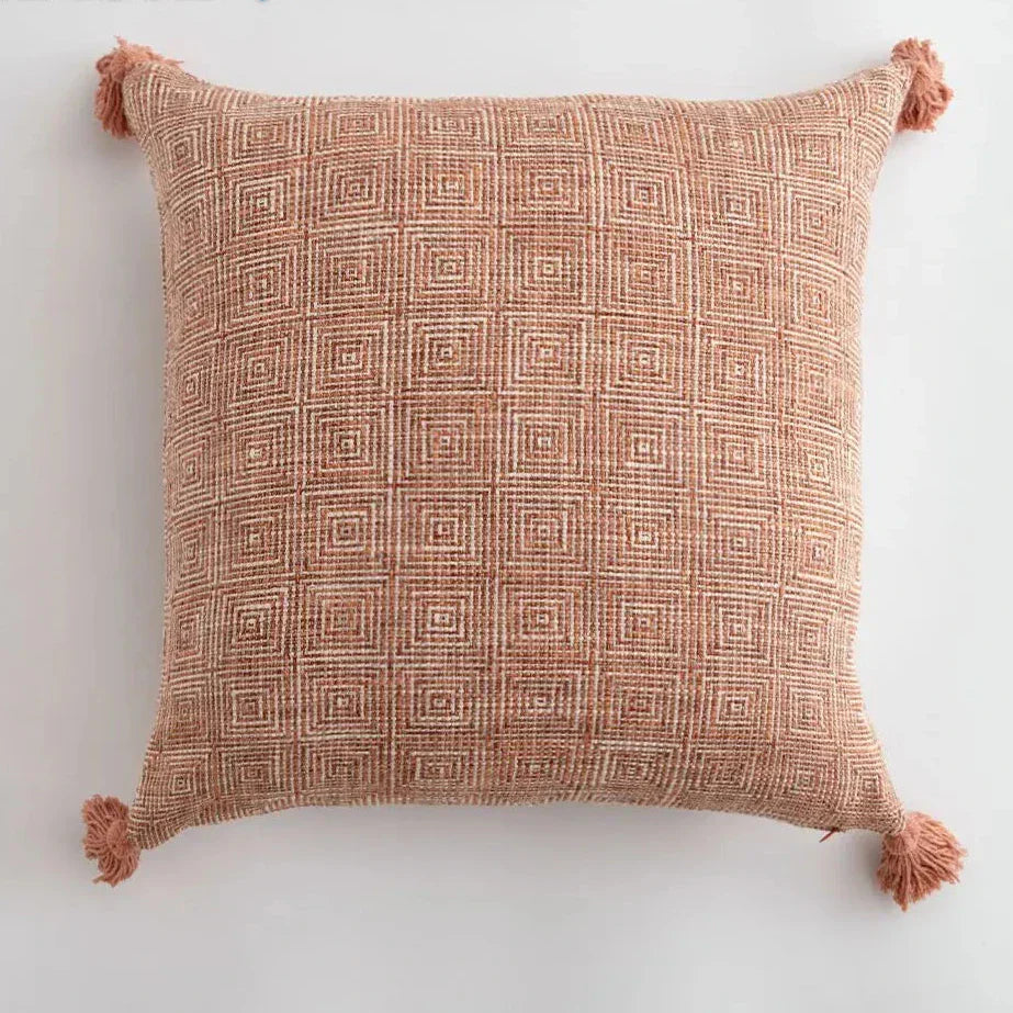 Cushion Cover with Check Pattern and Fringes – Decorative Linen Pillowcase for Living Room