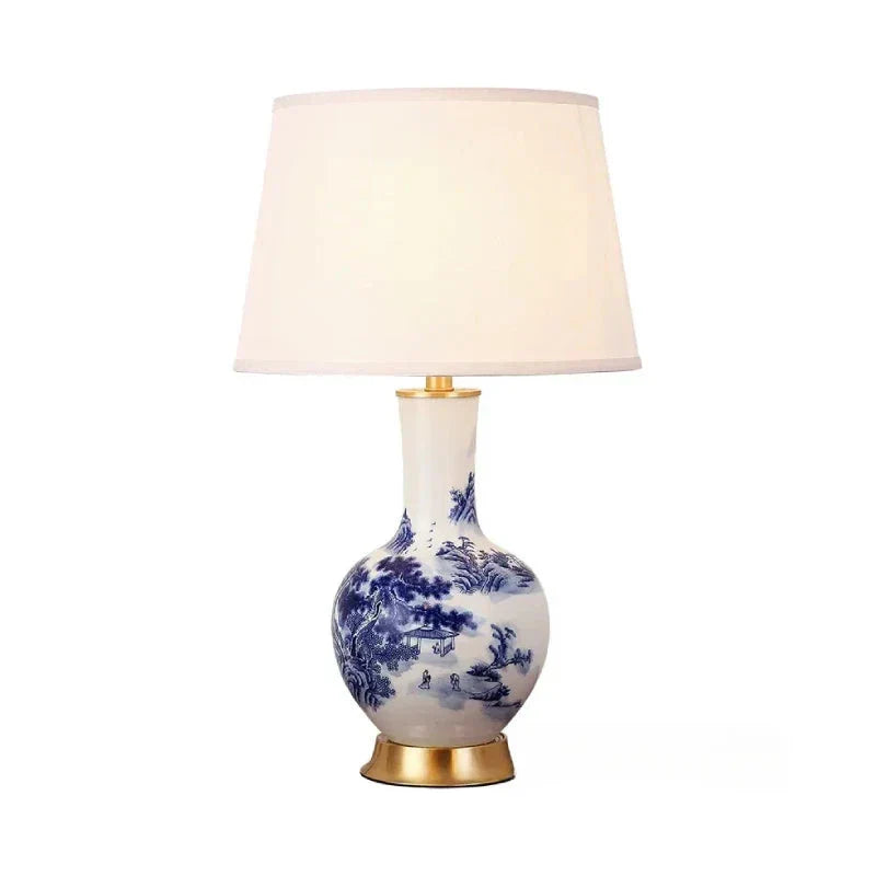 Ceramic Table Lamp in Chinoiserie Style - Classic Desk Lamp with Fabric Shade, Elegant Lighting for Living Room & Bedroom