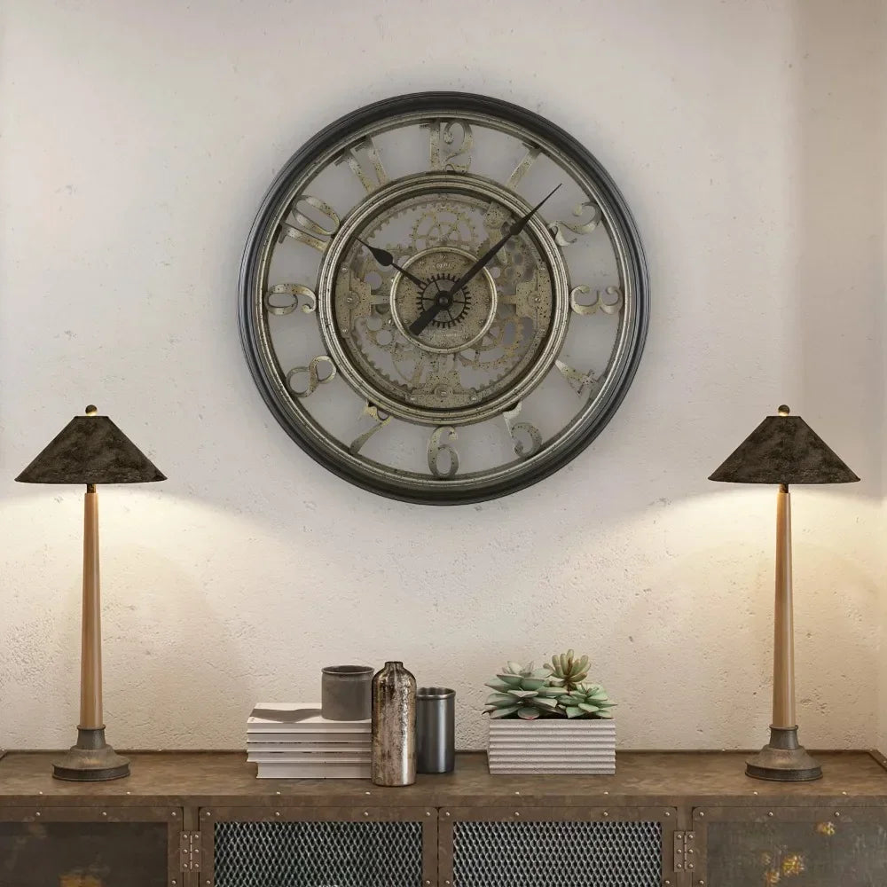 Industrial Style Metal Wall Clock with Gears and Arabic Numerals – Vintage Design for Living Room