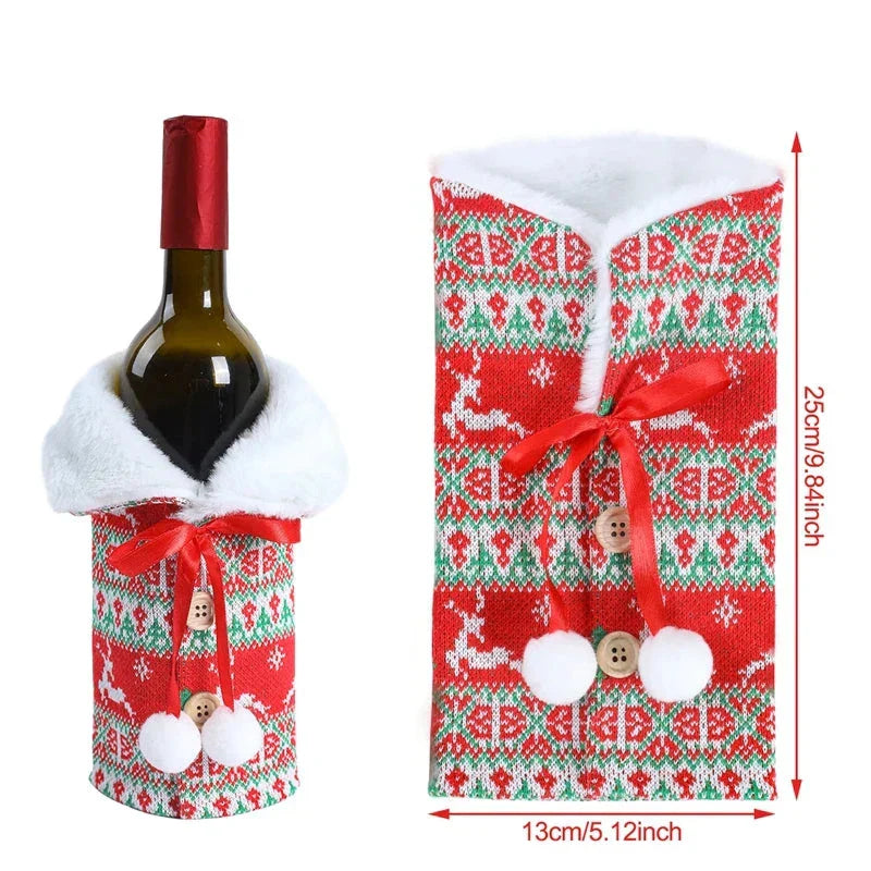 Christmas Bottle Cover with Fur Collar – Festive Cover for Wine Bottles, Gnome Decoration for Christmas, Perfect as Gift Wrapping