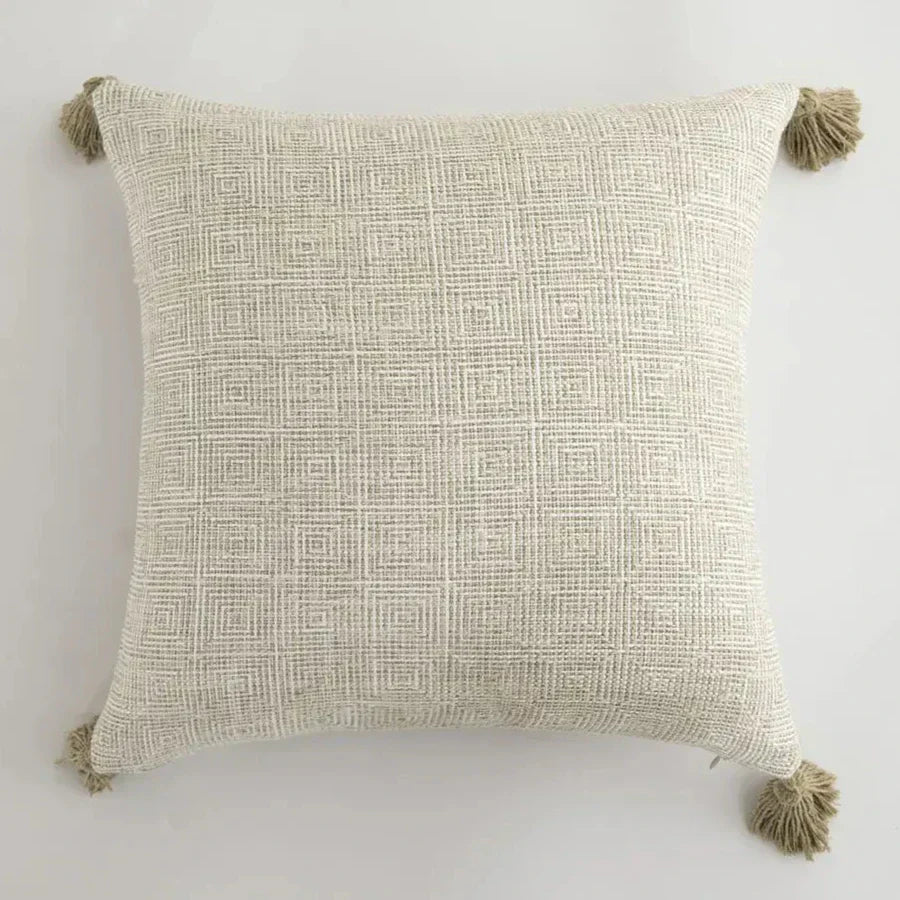 Cushion Cover with Check Pattern and Fringes – Decorative Linen Pillowcase for Living Room