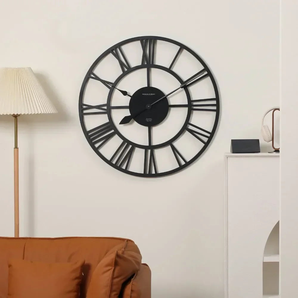 Large Wall Clock with Roman Numerals – Stylish Metal Clock for Living Room Decoration