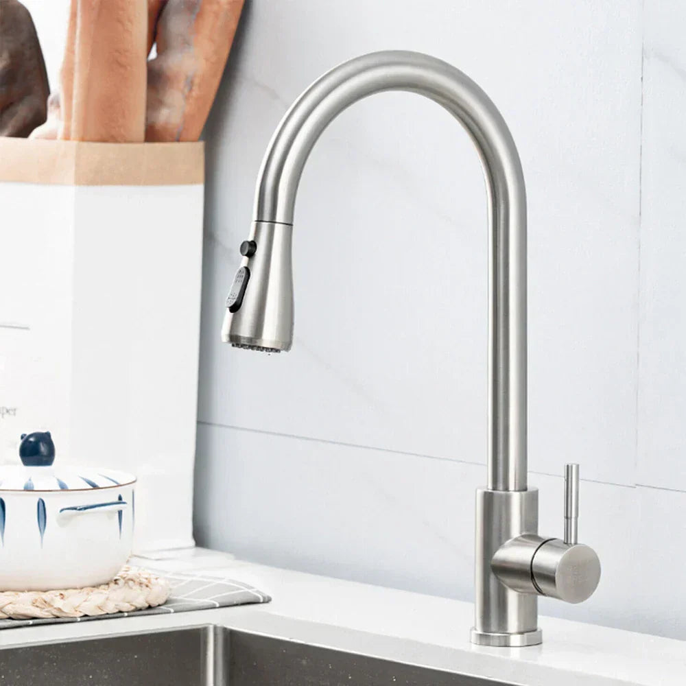 Pull-Out Faucet with Single Lever Mixer – Flexible Faucet with Spray Function, High-Quality Stainless Steel, Ideal for Modern Kitchens, Easy Installation