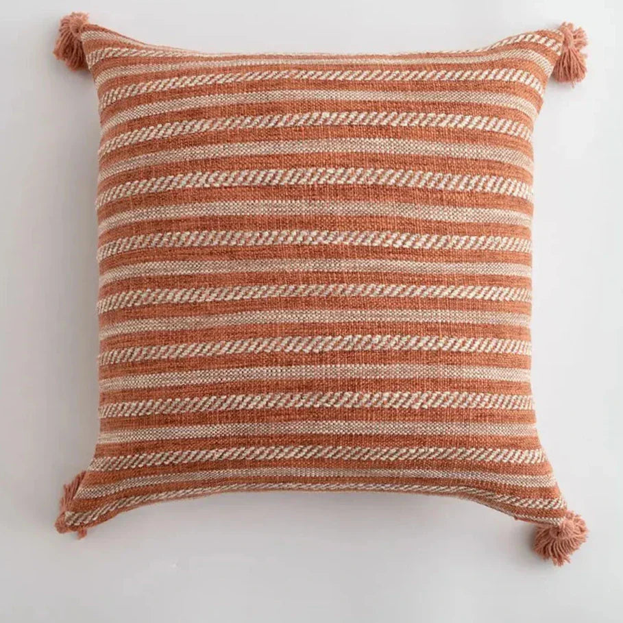 Cushion Cover with Check Pattern and Fringes – Decorative Linen Pillowcase for Living Room