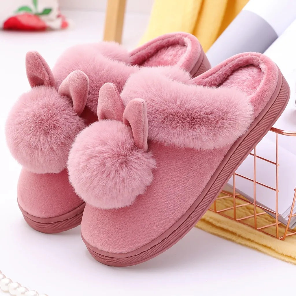 Fluffy Slippers with Bunny Ears – Warm Women's House Shoes for Home, Non-Slip Sole, Cozy Comfort for Winter Days