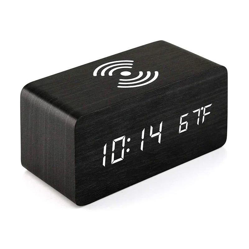 Minimalist LED Wooden Alarm Clock with Temperature Display, Wireless Charging Function, and Digital Time Display – Ideal for Bedroom and Office