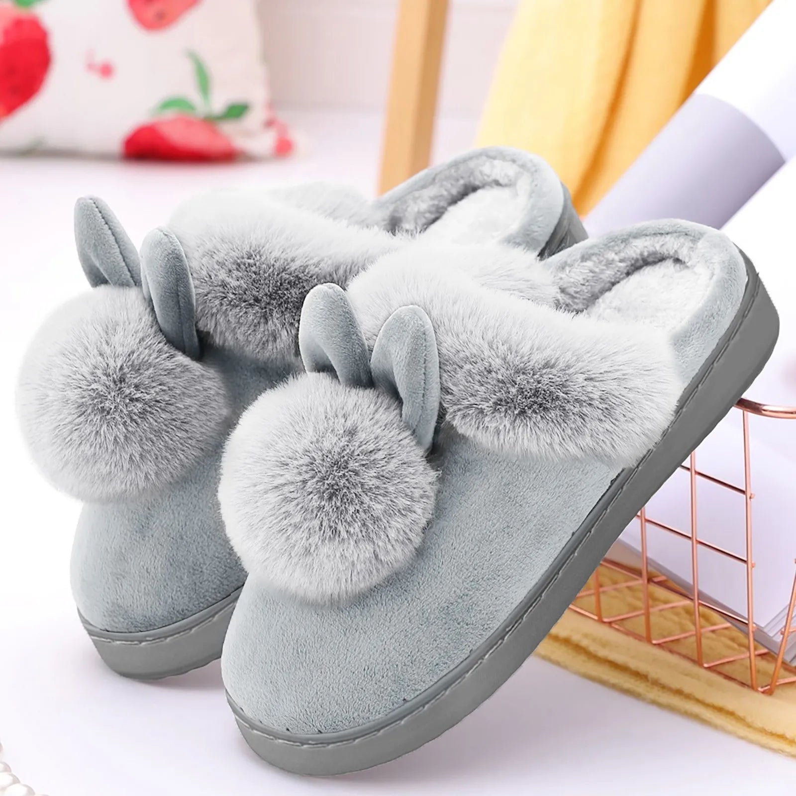 Fluffy Slippers with Bunny Ears – Warm Women's House Shoes for Home, Non-Slip Sole, Cozy Comfort for Winter Days