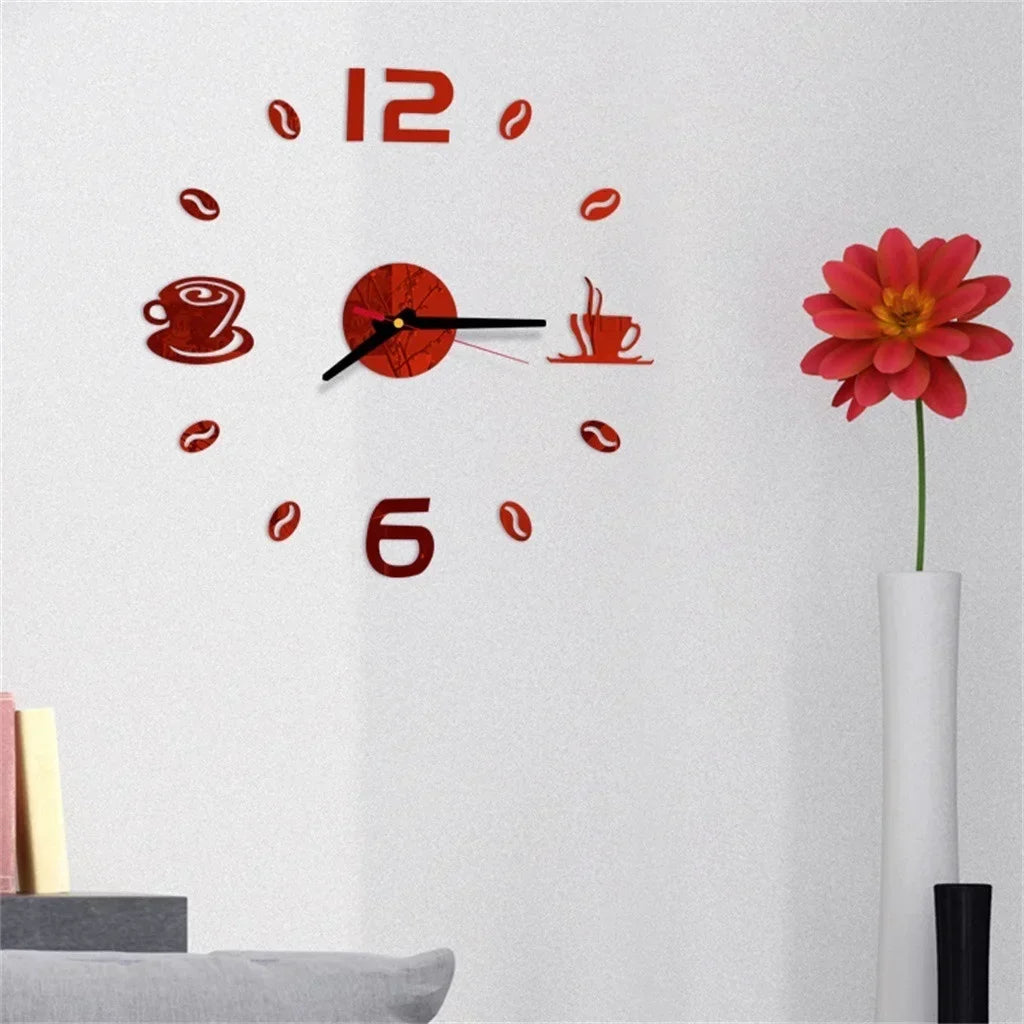 Modern Wall Sticker Clock with Coffee Cup Design – Stylish DIY Wall Clock for Kitchen and Living Room