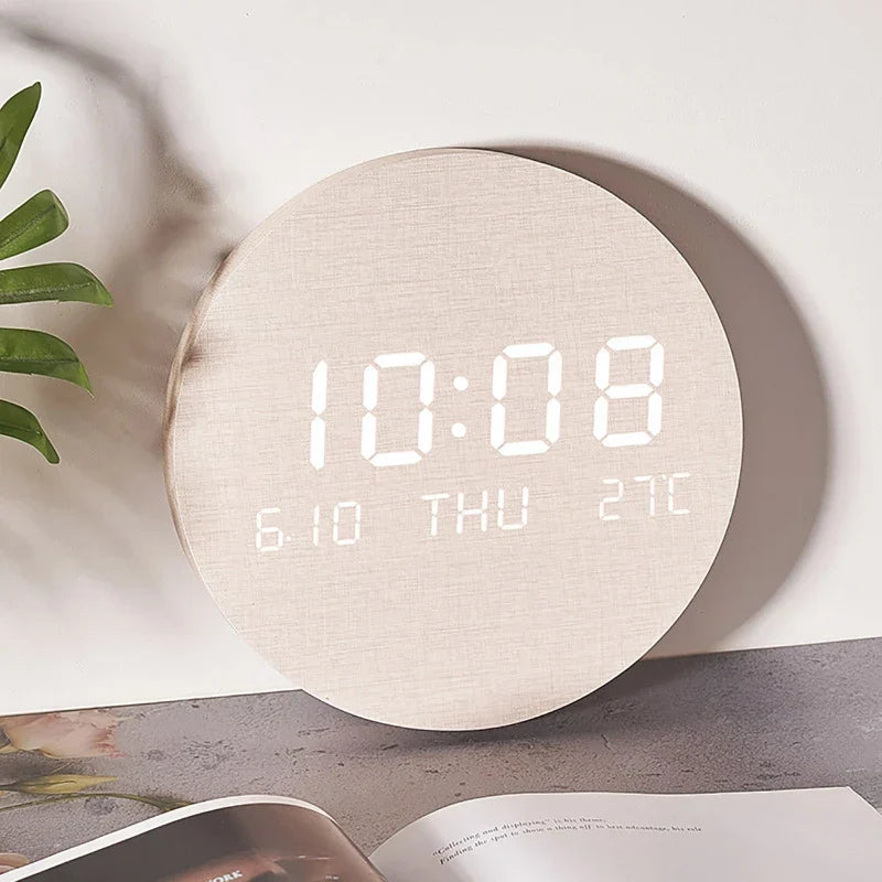 Modern Wooden Desk Clock with LED Display, Alarm, and Temperature Display – Stylish Digital Clock for Desk and Bedroom