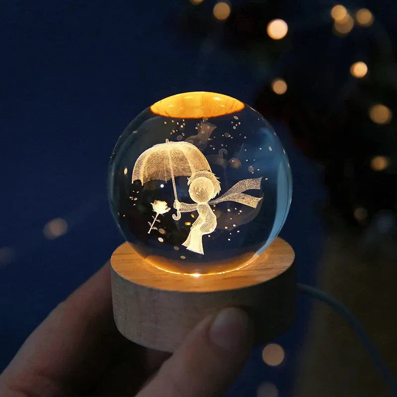 3D Crystal Night Light LED - Starry Sky Projector with Wooden Base, Romantic Lighting for Bedroom & Gifts