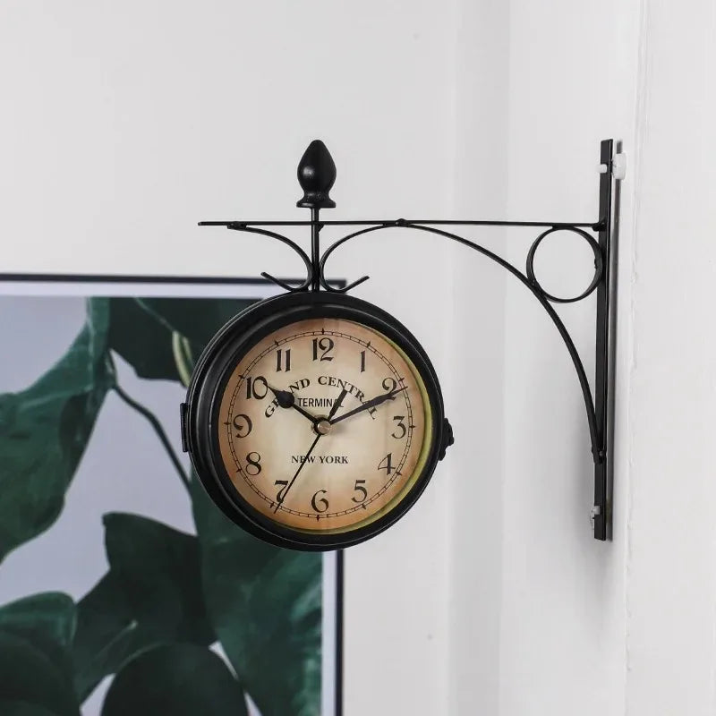 Vintage Double-Sided Wall Clock – Retro Iron Wall Clock for Living Room or Hallway