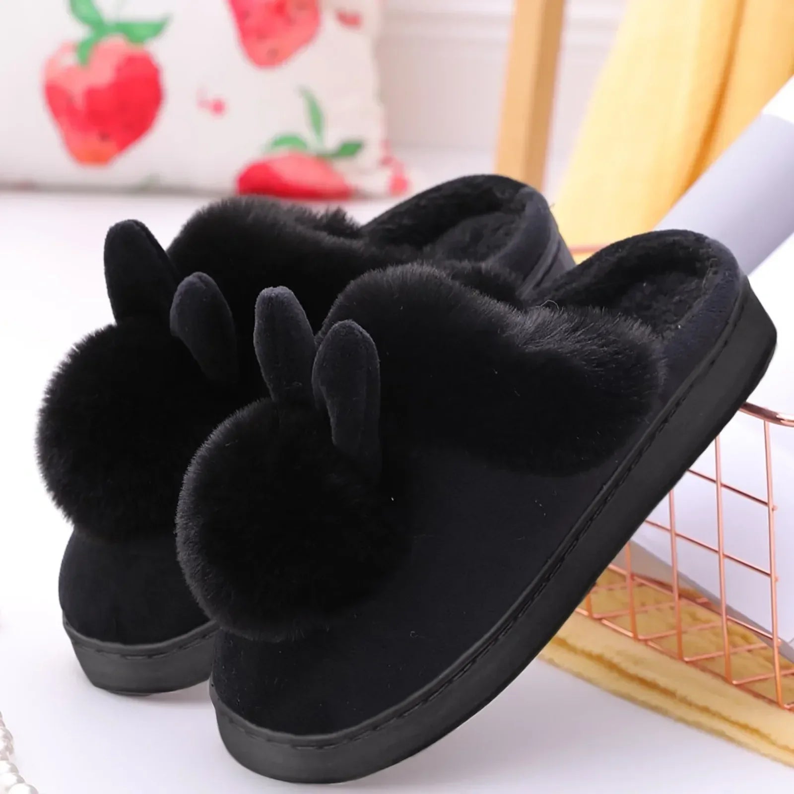 Fluffy Slippers with Bunny Ears – Warm Women's House Shoes for Home, Non-Slip Sole, Cozy Comfort for Winter Days