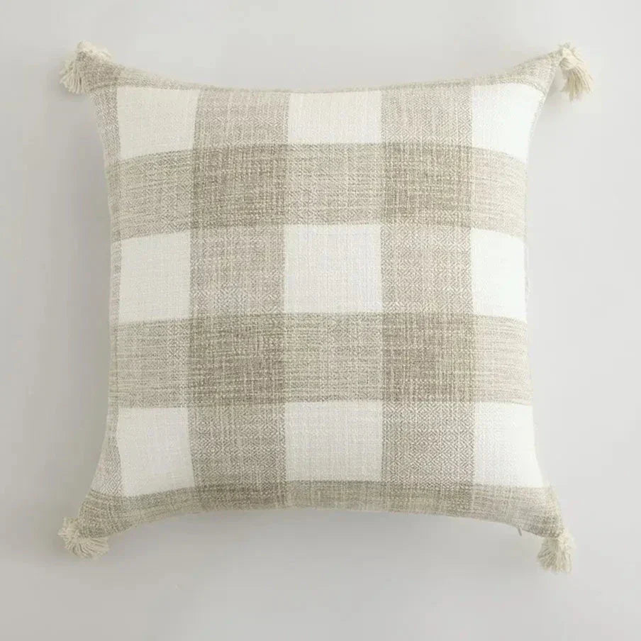 Cushion Cover with Check Pattern and Fringes – Decorative Linen Pillowcase for Living Room