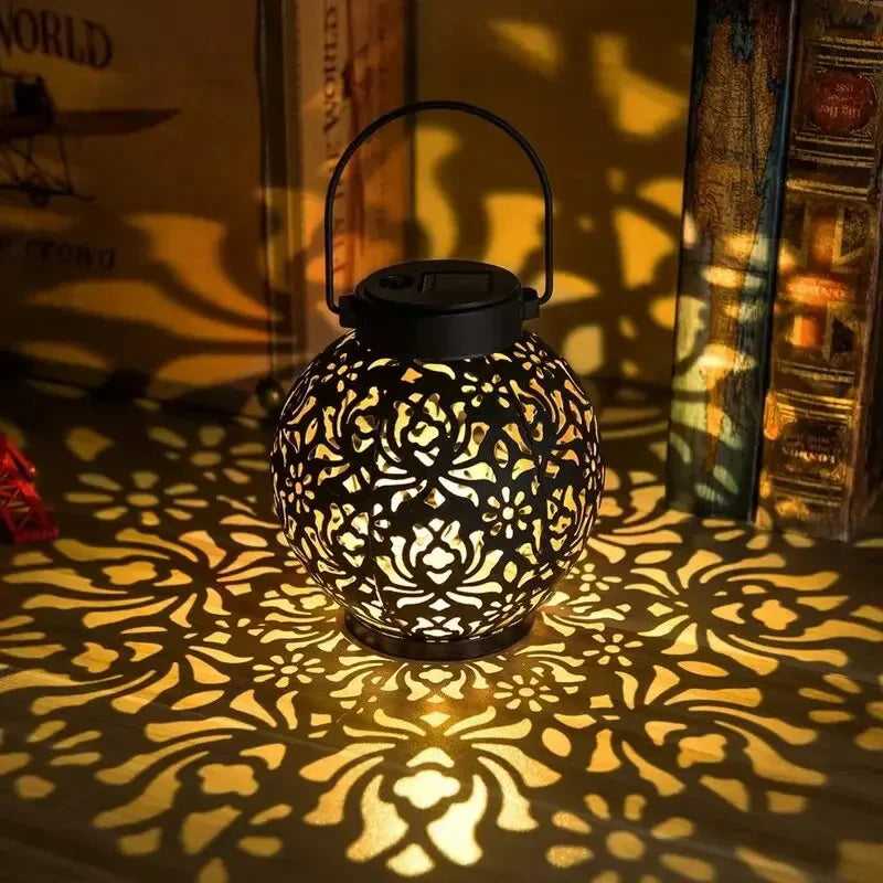 Solar-Powered LED Garden Lantern with Decorative Hollow Pattern – Outdoor Lighting for Patio and Garden