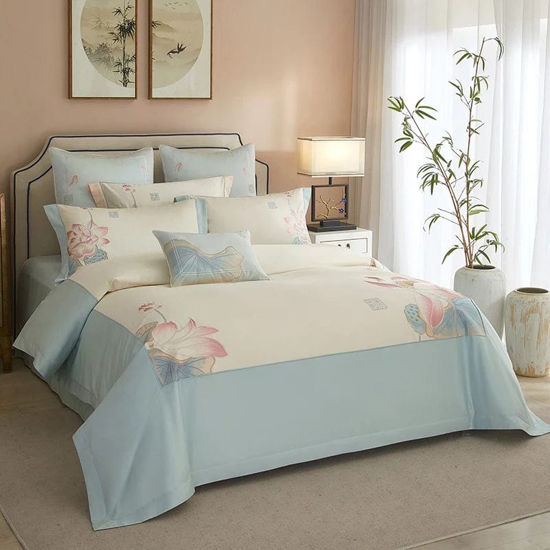 Luxurious Bedding Set Made of Egyptian Cotton in Soft Blue with Lotus Design