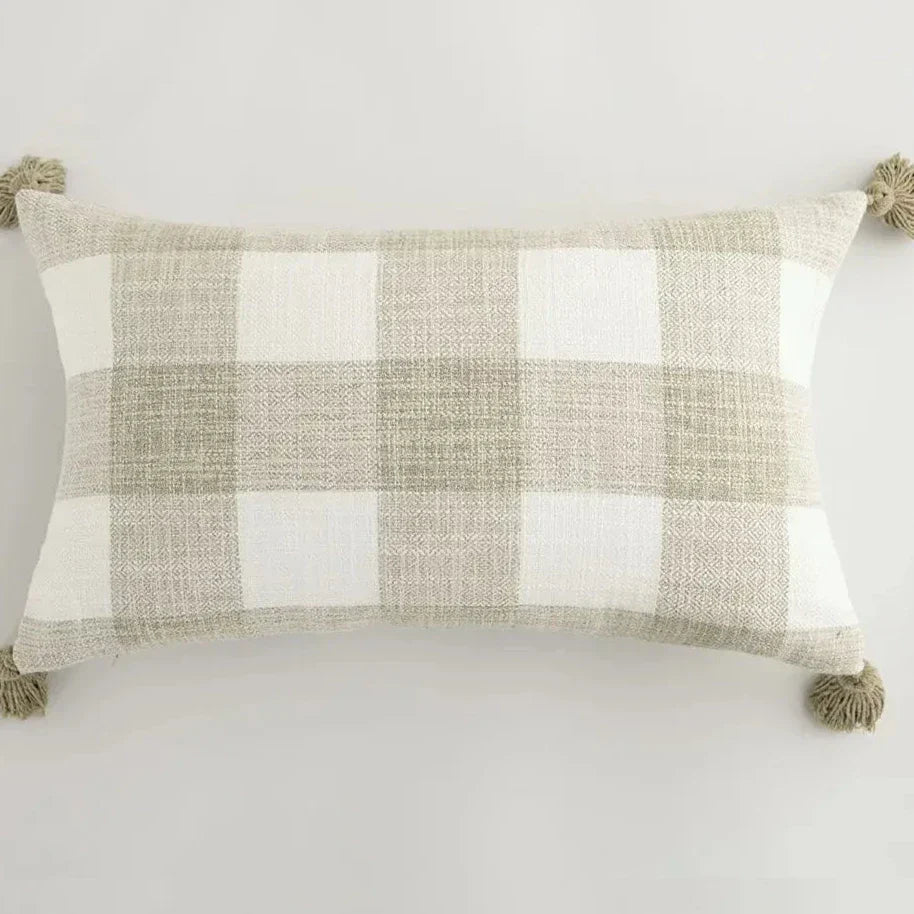 Cushion Cover with Check Pattern and Fringes – Decorative Linen Pillowcase for Living Room