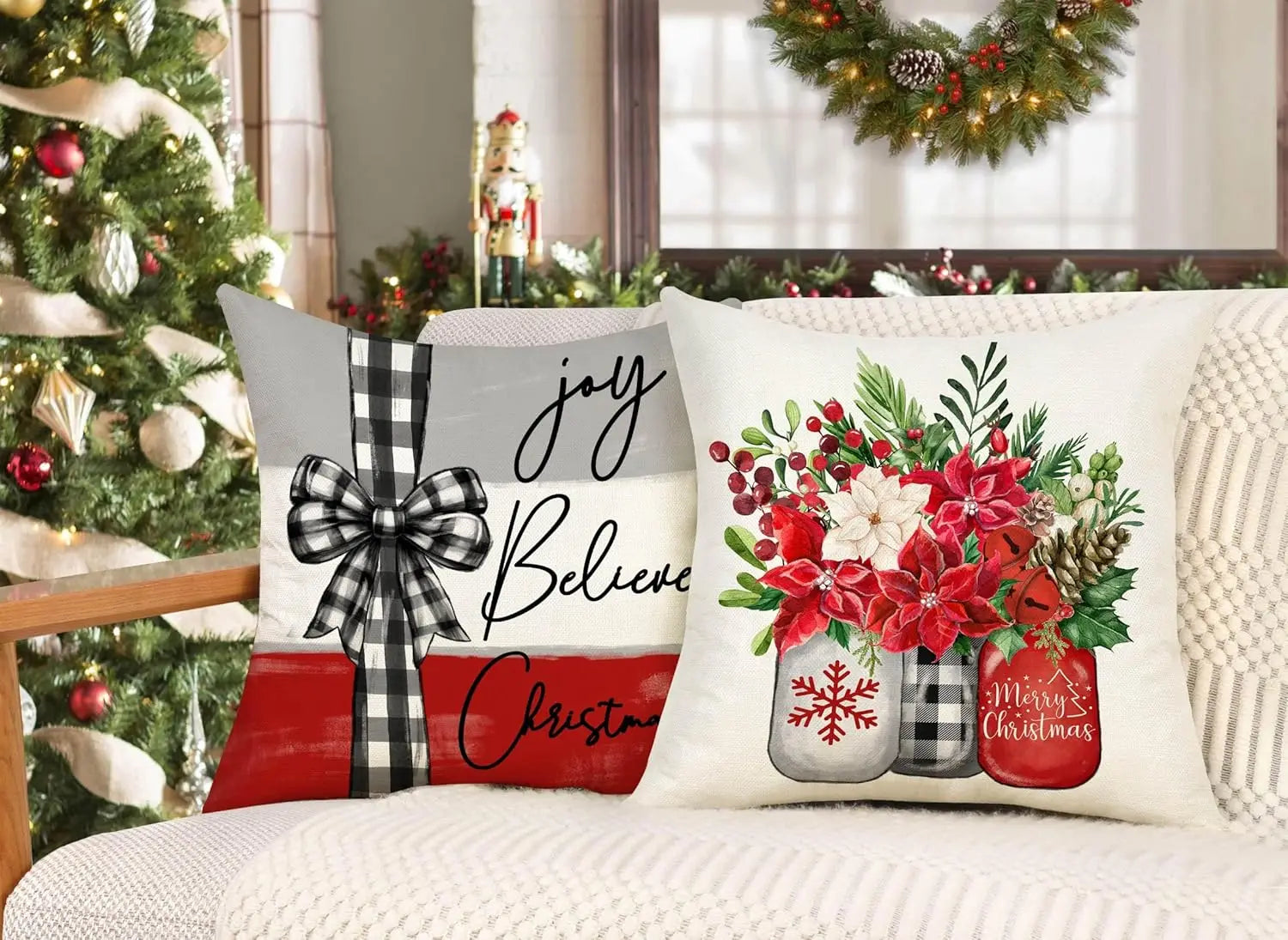 Christmas Design Cushion Covers 4-Piece Set – Festive Cushion Cases for Christmas, Decoration for Sofa, Living Room, and Bedroom, 45x45 cm