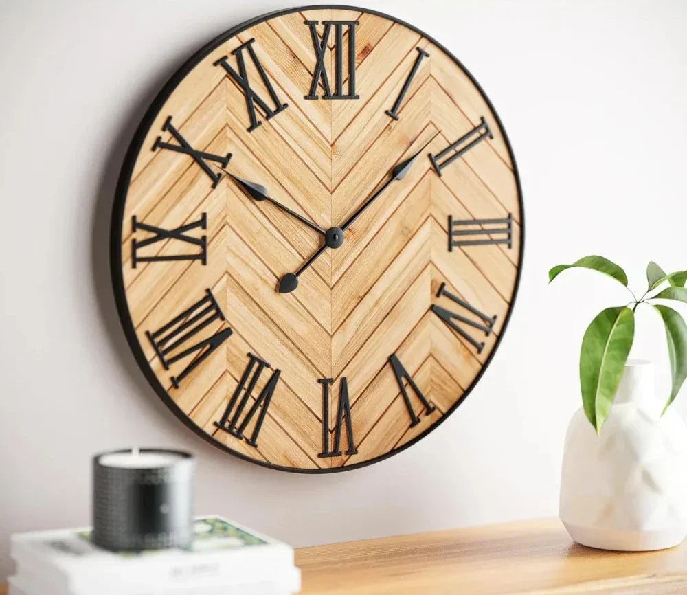 Rustic Wall Clock with Large Roman Numerals – Decorative Wooden Wall Clock for Living Room