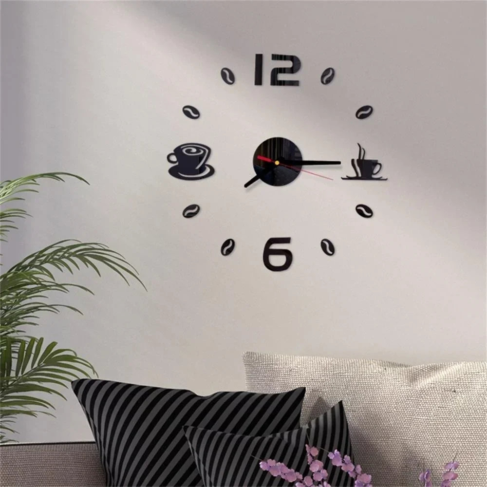 Modern Wall Sticker Clock with Coffee Cup Design – Stylish DIY Wall Clock for Kitchen and Living Room